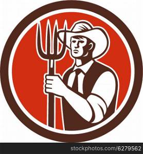 Illustration of a farmer holding a pitchfork facing front set inside circle done in retro style