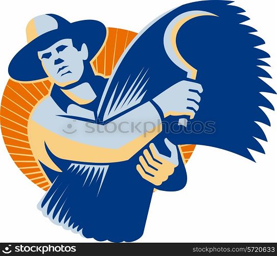 Illustration of a farmer holding wheat crop harvest and scythe done in retro style set inside circle.