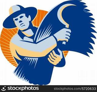 Illustration of a farmer holding wheat crop harvest and scythe done in retro style set inside circle.
