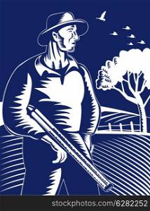 illustration of a farmer or hunter with shotgun rifle gun done in retro woodcut style on isolated background. farmer hunter with shotgun rifle