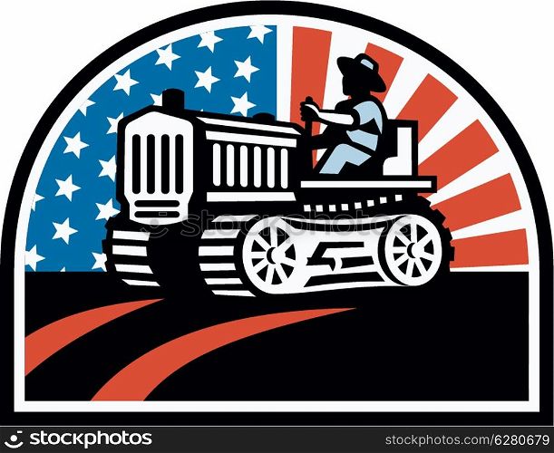 Illustration of a farmer plowing the field with his vintage tractor done in retro style with American stars and stripes flag.