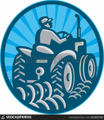 Illustration of a farmer plowing with vintage tractor viewed from the rear set inside oval done in retro style.. Farmer Plowing With Tractor Retro