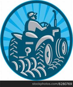 Illustration of a farmer plowing with vintage tractor viewed from the rear set inside oval done in retro style.. Farmer Plowing With Tractor Retro