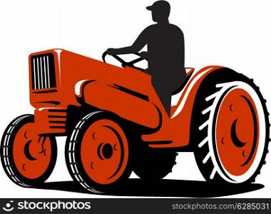 Illustration of a farmer tractor driving vintage tractor on isolated background done in retro style