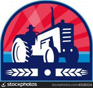 Illustration of a farmer wearing hat driving vintage farm tractor viewed from low angle set inside shield crest with wheat done in retro style. . Organic Farmer Tractor Wheat Crest Retro