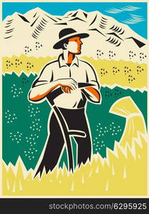 illustration of a farmer with scythe standing in wheat field facing front with mountains in background done in retro woodcut style.. farmer with scythe standing field retro