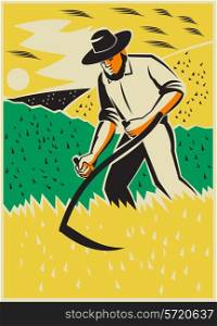 Illustration of a farmer with scythe working the farm field harvesting reaping crop harvest done in retro style.. Farmer With Scythe Harvesting Field Retro