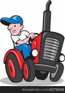 Illustration of a farmer worker driving a vintage tractor on isolated background done in cartoon style.