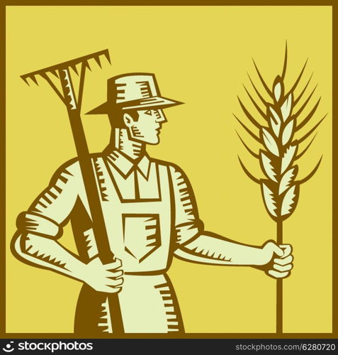 Illustration of a farmer worker holding a rake and wheat set inside square done in retro woodcut style.