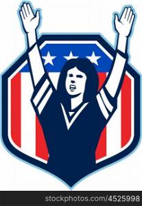 Illustration of a female american football fan with hands raised up viewed from front set inside shield crest with american usa stars and stripes flag in the background done in retro style. . Female American Football Fan Shield Shield Retro