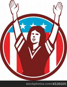 Illustration of a female american football fan with hands raised up viewed from front set inside circle with american usa stars and stripes flag in the background done in retro style. . Female American Football Fan Circle Retro