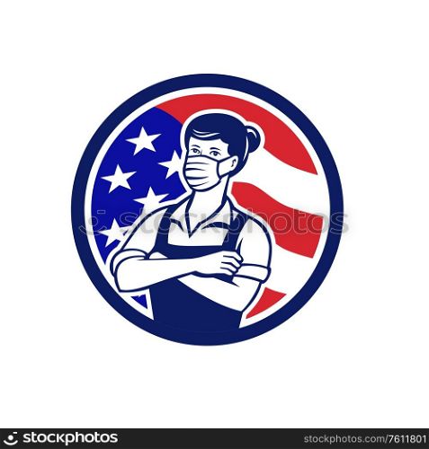Illustration of a female American grocer, supermarket or grocery worker wearing a surgical face mask and overalls arms folded with USA stars and stripes flag set inside circle done in retro style. . Female Supermarket Worker USA Flag Circle Retro