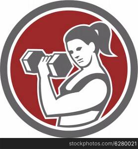 Illustration of a female athlete muscle-up lifting dumbbell facing front set inside circle shape done in retro style on isolated white background. Female Lifting Dumbbell Fitness Circle