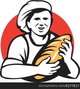 Illustration of a female baker chef cook holding loaf of bread set inside circle done in retro style.