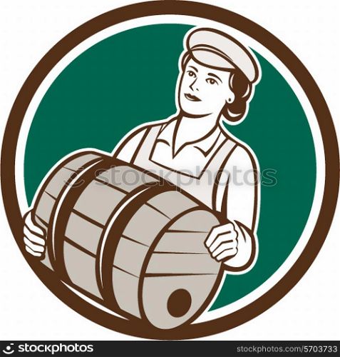 Illustration of a female bartender worker carrying keg set inside circle on isolated background done in retro style. . Female Bartender Carrying Keg Circle Retro