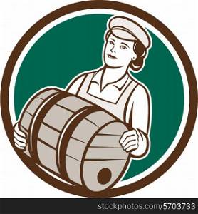 Illustration of a female bartender worker carrying keg set inside circle on isolated background done in retro style. . Female Bartender Carrying Keg Circle Retro