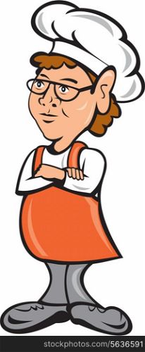 Illustration of a female chef cook standing staring arms folded on isolated white background done in cartoon style. . Chef Cook Female Arms Folded Cartoon