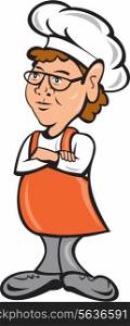 Illustration of a female chef cook standing staring arms folded on isolated white background done in cartoon style. . Chef Cook Female Arms Folded Cartoon