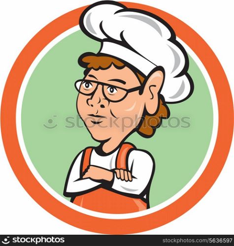 Illustration of a female chef cook staring arms folded set inside circle on isolated background done in cartoon style. . Chef Cook Female Arms Folded Circle Cartoon