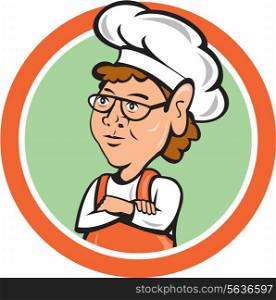 Illustration of a female chef cook staring arms folded set inside circle on isolated background done in cartoon style. . Chef Cook Female Arms Folded Circle Cartoon