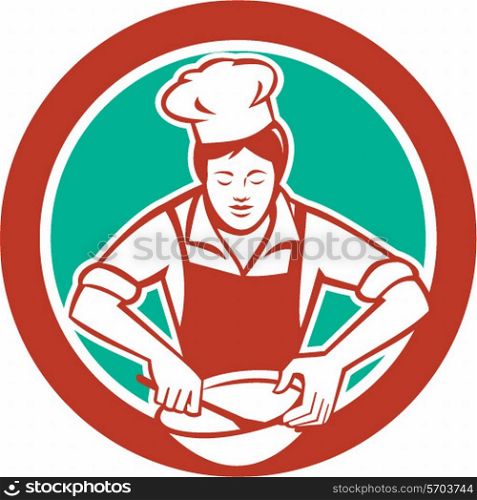 Illustration of a female chef with hat holding spatula and mixing bowl mixing viewed from the front set inside circle on isolated background done in retro style. . Female Chef Mixing Bowl Circle Retro