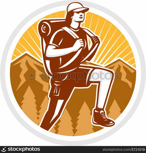 Illustration of a female hiker hiking walking set inside circle with mountains and sunburst in the background done in retro style. . Female Hiker Hiking Mountain Circle Retro