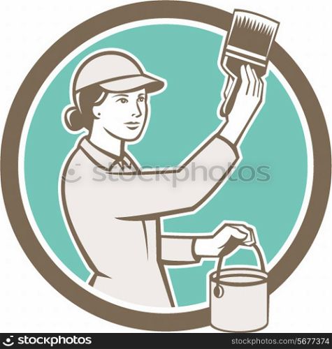 Illustration of a female house painter painting holding paintbrush and paint can set inside circle on isolated background done in retro style. . Female House Painter Paintbrush Circle Retro