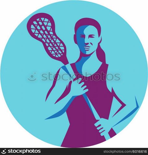 Illustration of a female lacrosse player holding lacrosse stick facing front set inside circle on isolated background done in retro style. . Female Lacrosse Player Stick Circle Retro