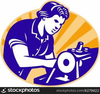 Illustration of a female machinist seamstress worker sewing on machine set inside circle done in retro style.. Female Machinist Seamstress Worker Sewing Machine