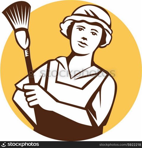 Illustration of a female maid cleaner holding duster viewed from front set inside circle on isolated background. . Maid Cleaner Duster Circle Retro
