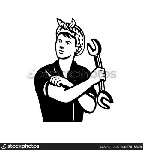 Illustration of a female mechanic holding a spanner wrench flexing her arm muscle viewed from front done in retro black and white style.. Female Automotive Mechanic With Wrench Flexing Muscle Retro Black and White