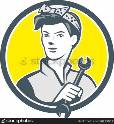 Illustration of a female mechanic holding a spanner wrench set inside circle on isolated background done in retro style.. Female Mechanic Worker Holding Wrench Retro