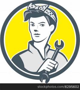 Illustration of a female mechanic holding a spanner wrench set inside circle on isolated background done in retro style.. Female Mechanic Worker Holding Wrench Retro