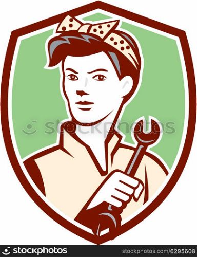 Illustration of a female mechanic holding a spanner wrench set inside shield on isolated background done in retro style.. Female Mechanic Worker Holding Spanner Retro