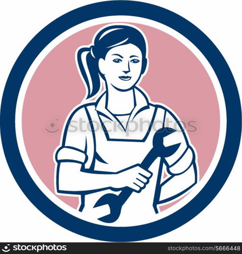 Illustration of a female mechanic holding spanner viewed from the front set inside circle on isolated background done in retro style. . Female Mechanic Spanner Circle Retro