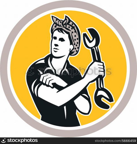 Illustration of a female mechanic holding wrench spanner looking to the side set inside circle on isolated background done in retro style.