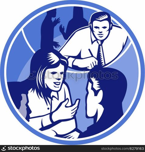 Illustration of a female office worker businesswoman talking and in discussion with colleagues done in retro woodcut style set inside circle.. Office Worker Businesswoman Discussion Woodcut Circle