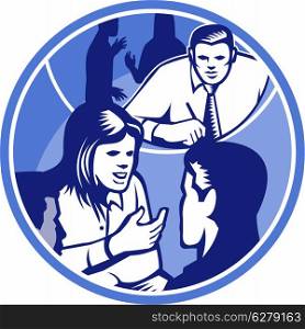 Illustration of a female office worker businesswoman talking and in discussion with colleagues done in retro woodcut style set inside circle.. Office Worker Businesswoman Discussion Woodcut Circle