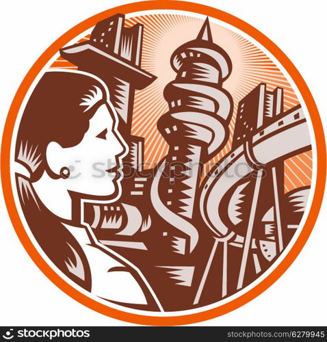 Illustration of a female office worker businesswoman viewed from side looking out to futuristic city with hi-rise buildings and bridge done in retro woodcut style set inside circle.. Futuristic City Woman Side Circle Woodcut