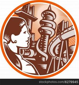 Illustration of a female office worker businesswoman viewed from side looking out to futuristic city with hi-rise buildings and bridge done in retro woodcut style set inside circle.. Futuristic City Woman Side Circle Woodcut