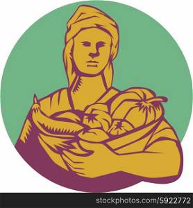 Illustration of a female organic farmer carrying basket full of vegetables fruits harvest wearing turban bandana viewed from front set inside circle on isolated background done in retro woodcut style.