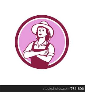 Illustration of a female organic farmer with arms folded with hat and overalls facing front set inside circle on isolated background done in retro style.. Female Organic Farmer Circle Retro