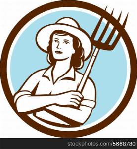 Illustration of a female organic farmer with pitchfork with hat facing front set inside circle on isolated bakcground done in retro style.