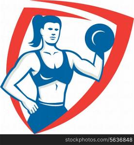Illustration of a female personal trainer fitness professional bodybuilder lifting dumbbell flexing muscles viewed from front set inside shield done in retro style.. Personal Trainer Female Lifting Dumbbell Retro