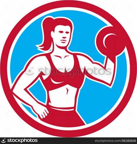 Illustration of a female personal trainer fitness professional bodybuilder lifting dumbbell flexing muscles viewed from front set inside circle done in retro style.. Personal Trainer Female Lifting Dumbbell Circle