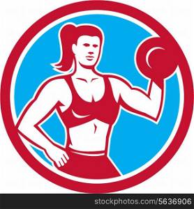 Illustration of a female personal trainer fitness professional bodybuilder lifting dumbbell flexing muscles viewed from front set inside circle done in retro style.. Personal Trainer Female Lifting Dumbbell Circle