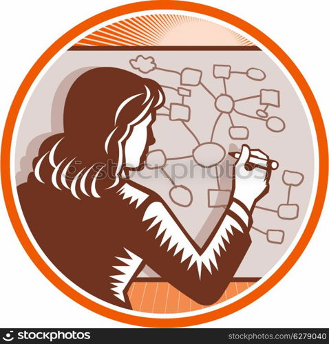 Illustration of a female presenter office worker businessman teacher writing presenting making presentation writing on white board with complex diagrams and mind maps done in retro woodcut style.. Teacher Businesswoman Writing Mind Mapping Complex Diagram