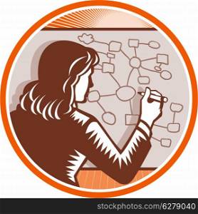 Illustration of a female presenter office worker businessman teacher writing presenting making presentation writing on white board with complex diagrams and mind maps done in retro woodcut style.. Teacher Businesswoman Writing Mind Mapping Complex Diagram