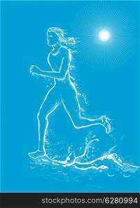 illustration of a female runner running on water and made to look like she is made out of water on blue background. female runner running water