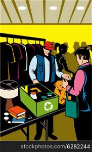 Illustration of a female shopper shopping buying at indoor flea market done in retro style.. female shopper shopping at indoor flea market